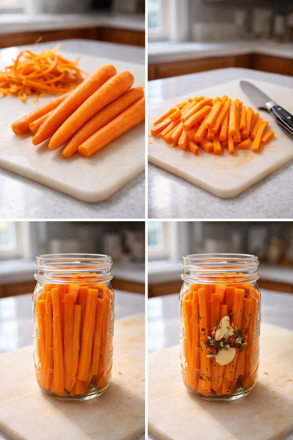 A four-panel collage of carrot prep: whole carrots, carrot sticks, and jars packed with orange carrot sticks.