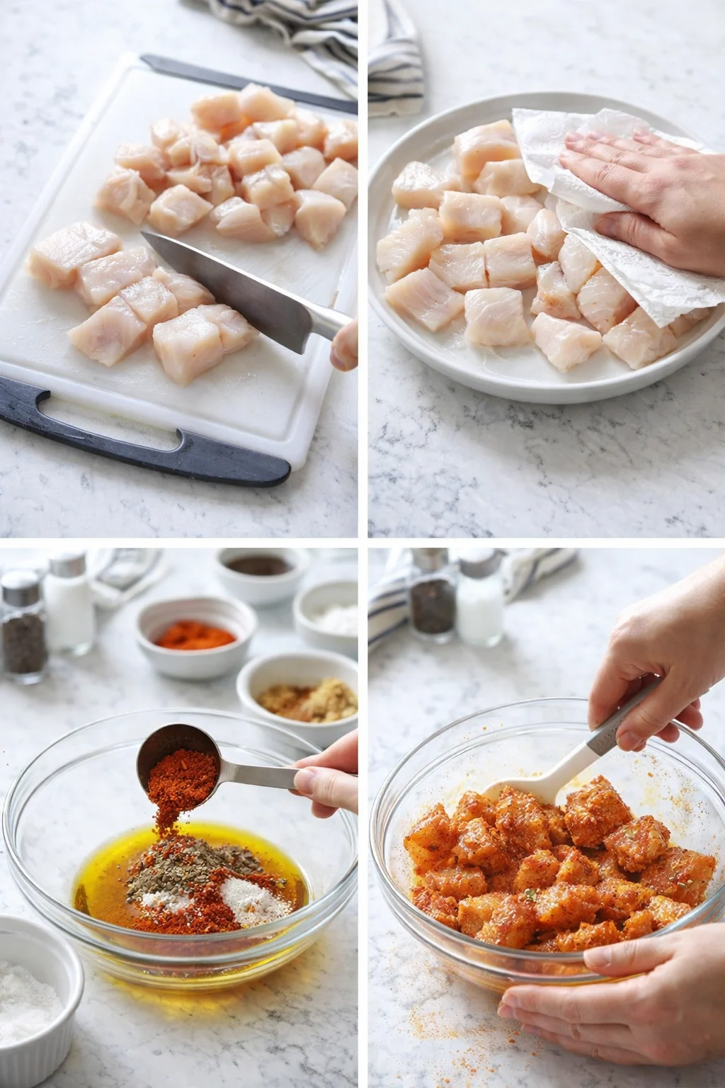 collage of raw chicken being cut, dried, and seasoned on a marble countertop