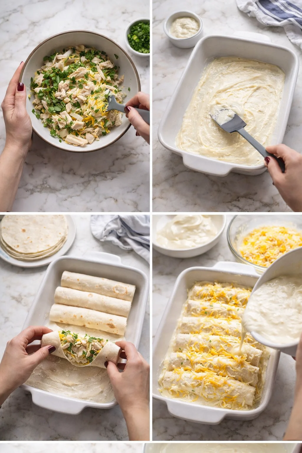 collage of hands assembling chicken enchiladas with tortillas, sauce, and cheese on marble counter