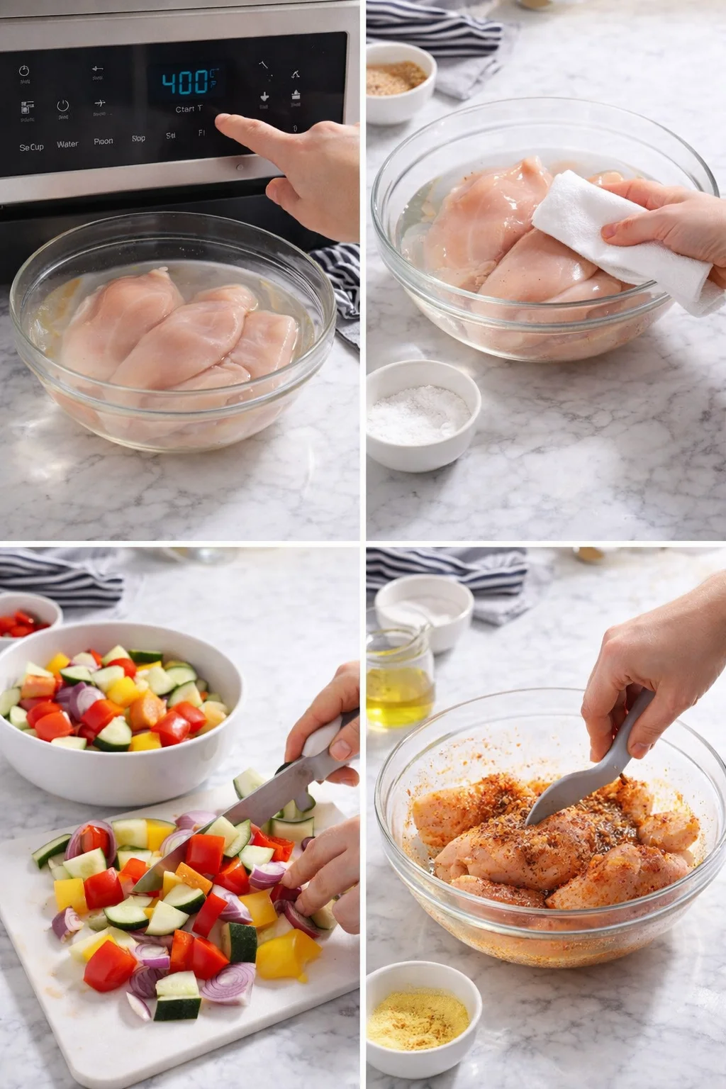 collage of raw chicken in a glass bowl, hand drying with paper towel, colorful chopped vegetables on a cutting board.