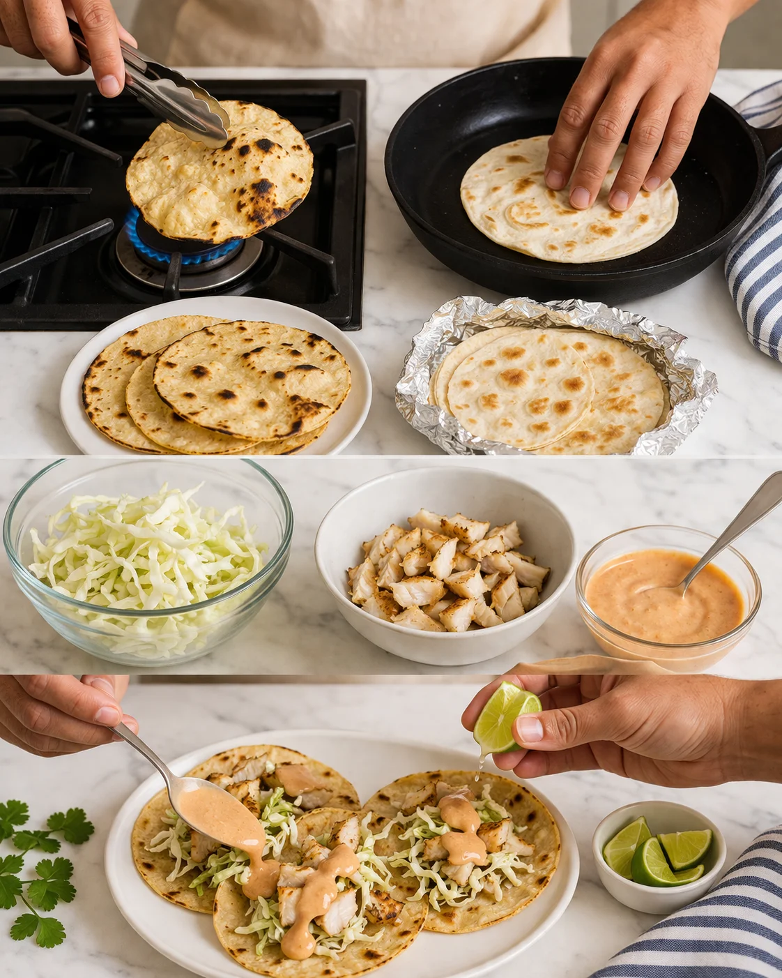 hand placing tortilla on pan over flame, bowls of cabbage, chicken, and sauce nearby, final tacos assembled