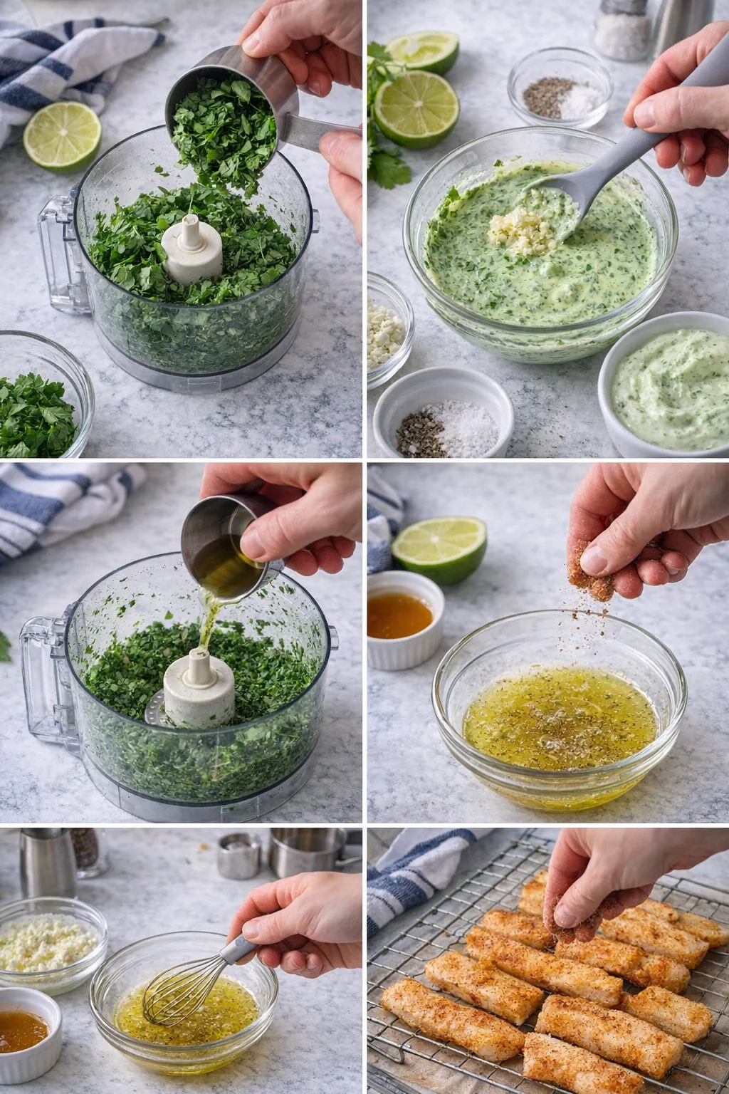 Collage showing cilantro being processed, green dressing in bowls, oil poured, sugar sprinkled, whisking, and breaded sticks on a rack.