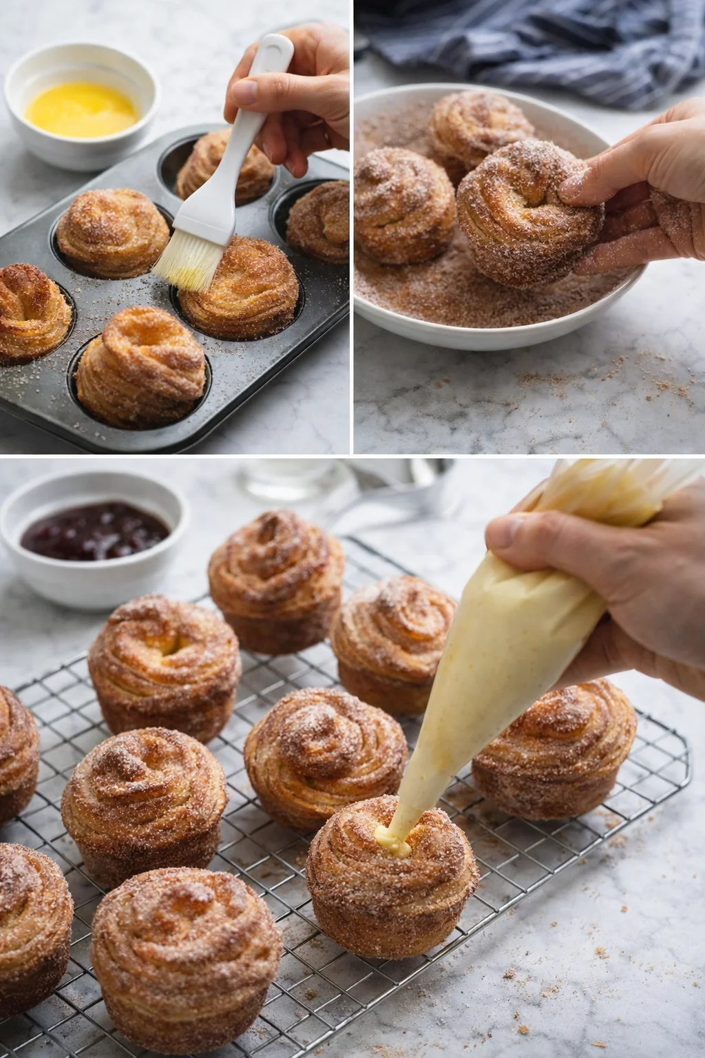 Collage of cinnamon-roll bites being prepared: egg wash on rolls, sugar coating, and cream-filling being piped.
