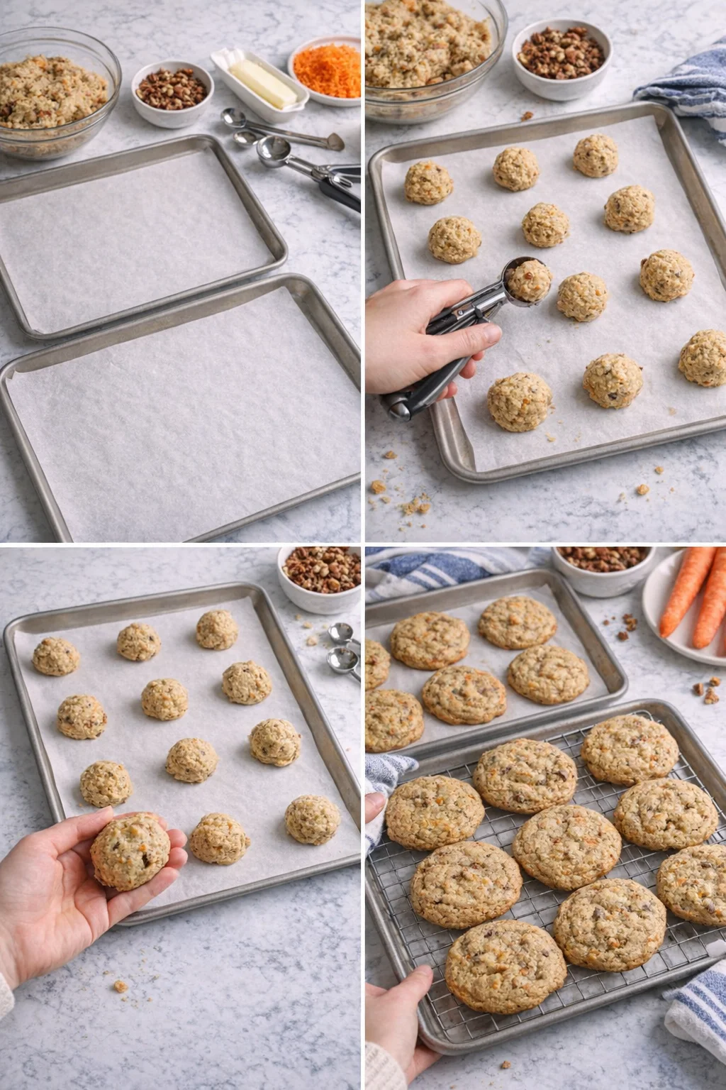 Collage showing cookie-dough balls being formed and baked on parchment-lined sheets
