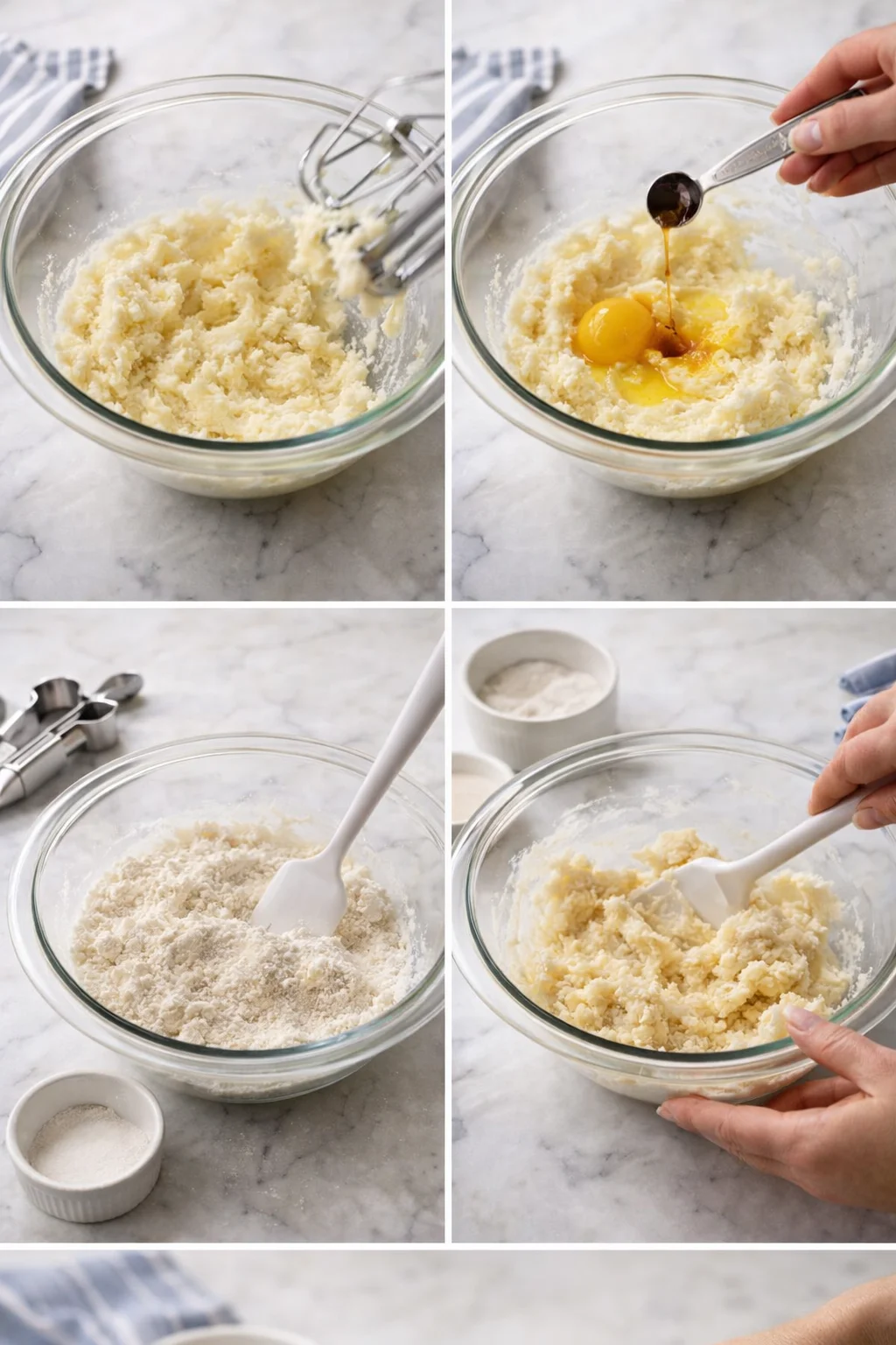 Four-panel collage showing creamed butter and sugar, egg addition, and flour dough mixing in a glass bowl.