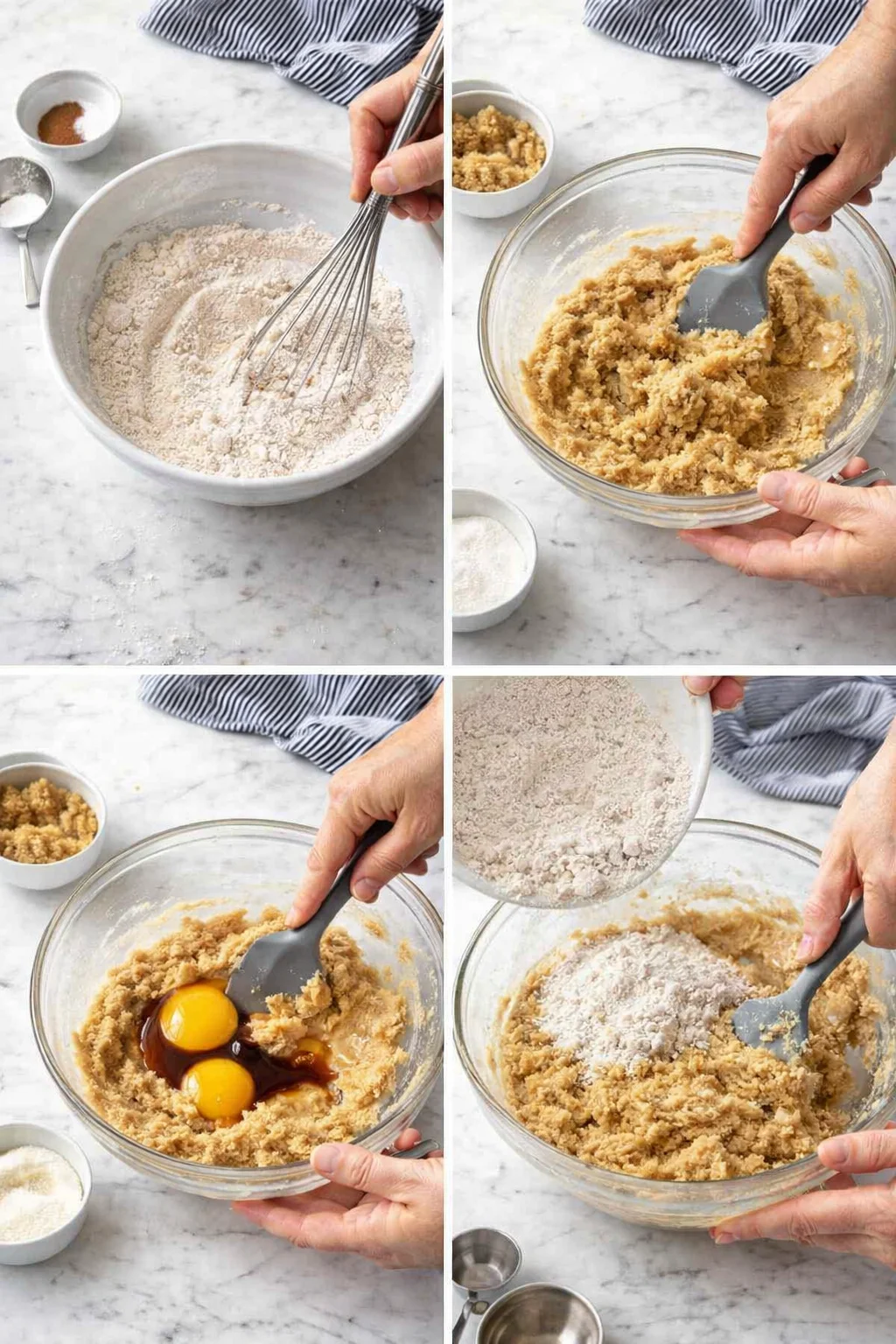 collage showing four steps of cookie dough preparation with hands and bowls.