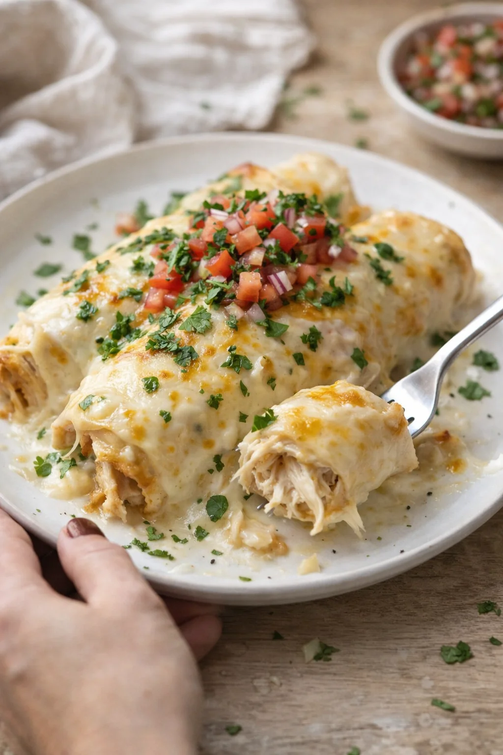 Creamy cheese-smothered chicken enchiladas on a plate, garnished with pico de gallo and cilantro.