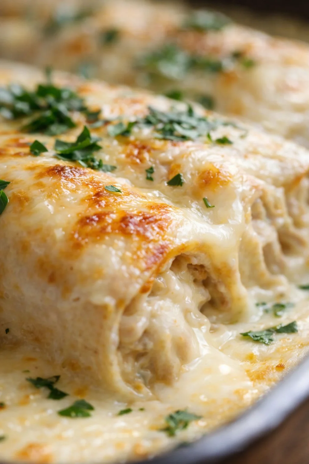 Close-up of a bubbling cheese-topped pasta bake with parsley garnish