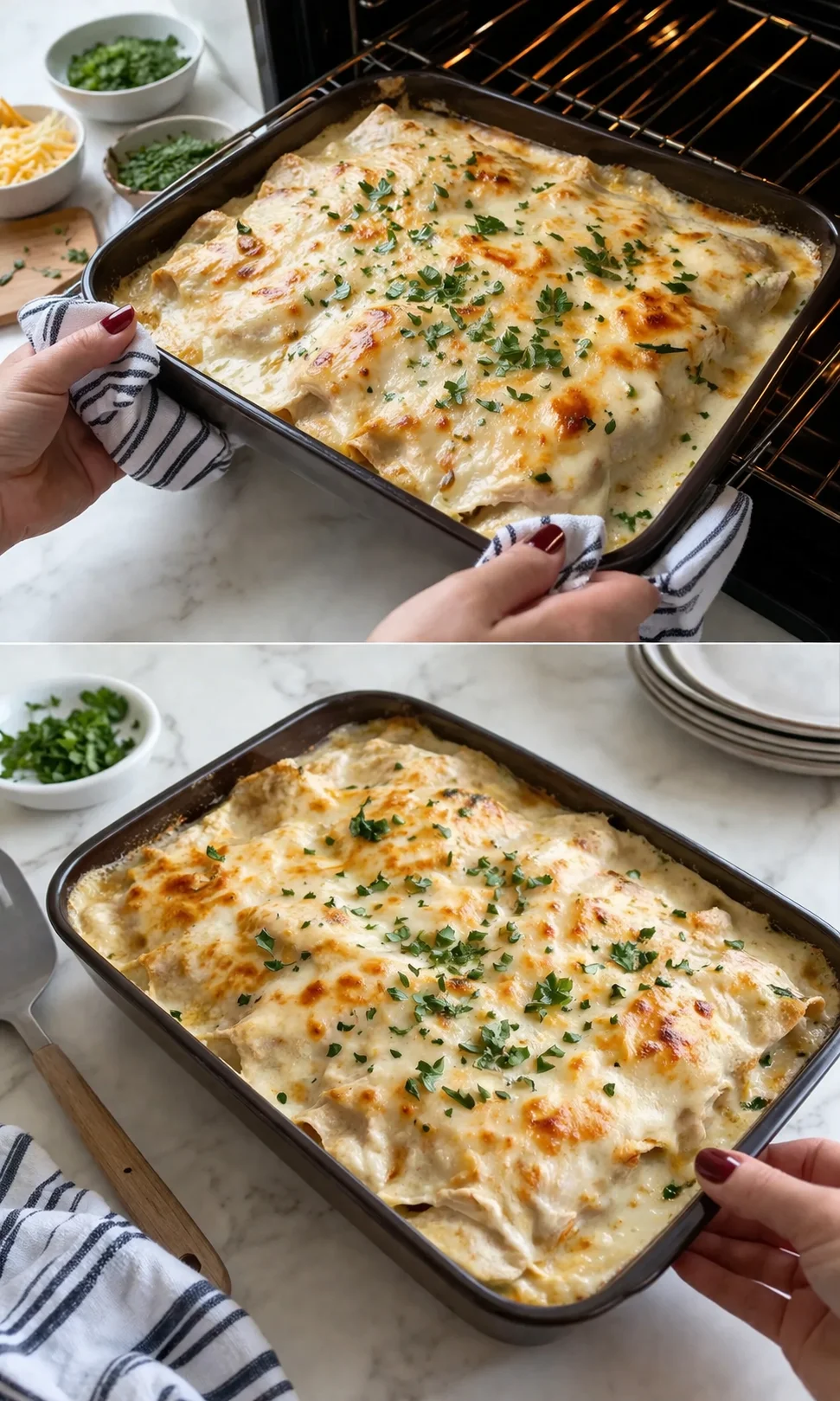 creamy cheesy casserole topped with parsley in a dark baking dish pulled from the oven