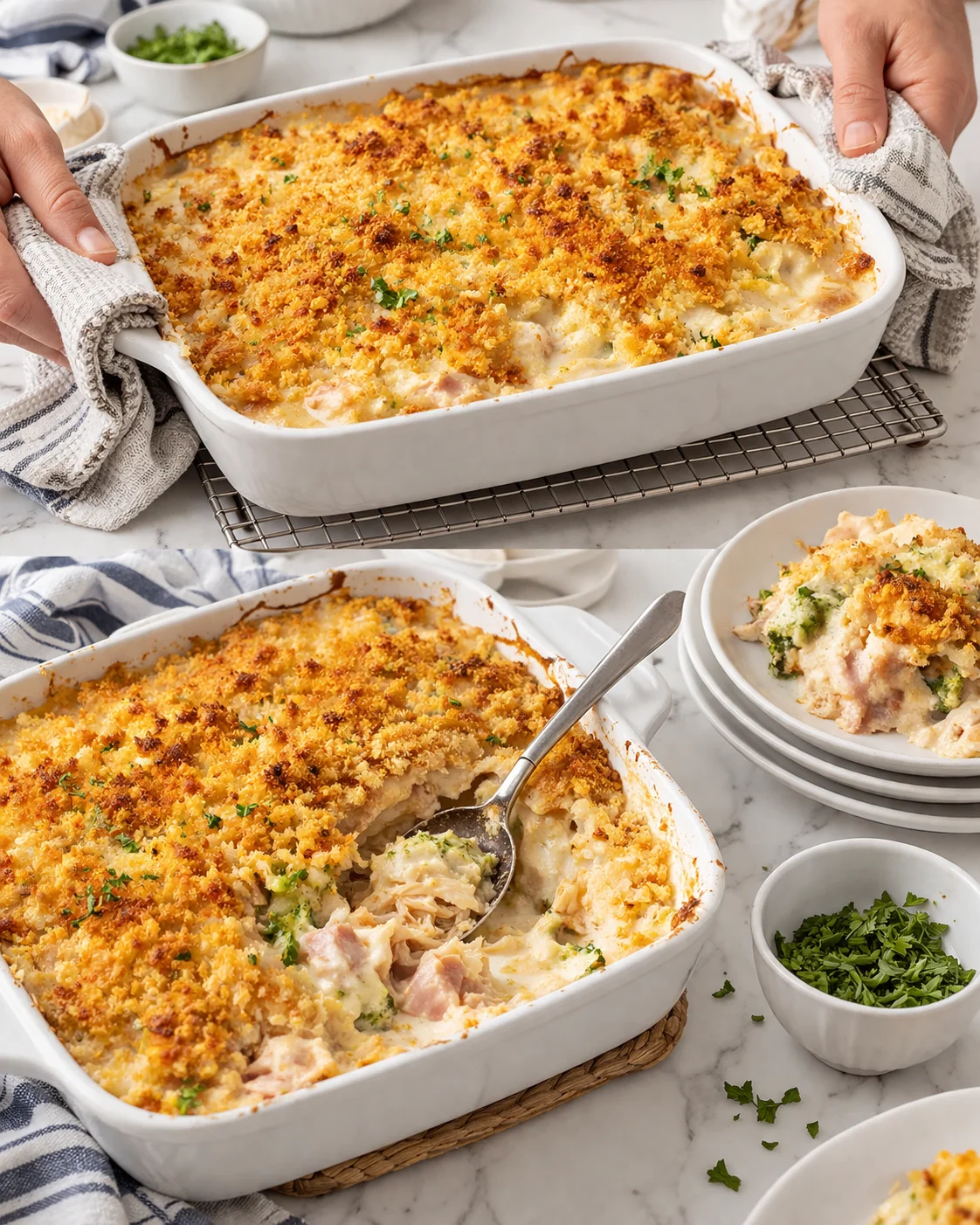 Two white casserole dishes with crispy breadcrumb topping on a marble counter; a spoon serves creamy chicken bake.
