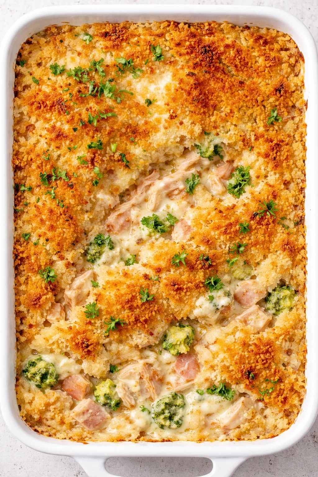 White casserole dish with creamy chicken and broccoli casserole topped with golden crumb crust and parsley