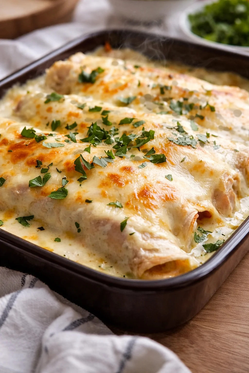 baked cheesy chicken in a creamy sauce, topped with chopped parsley