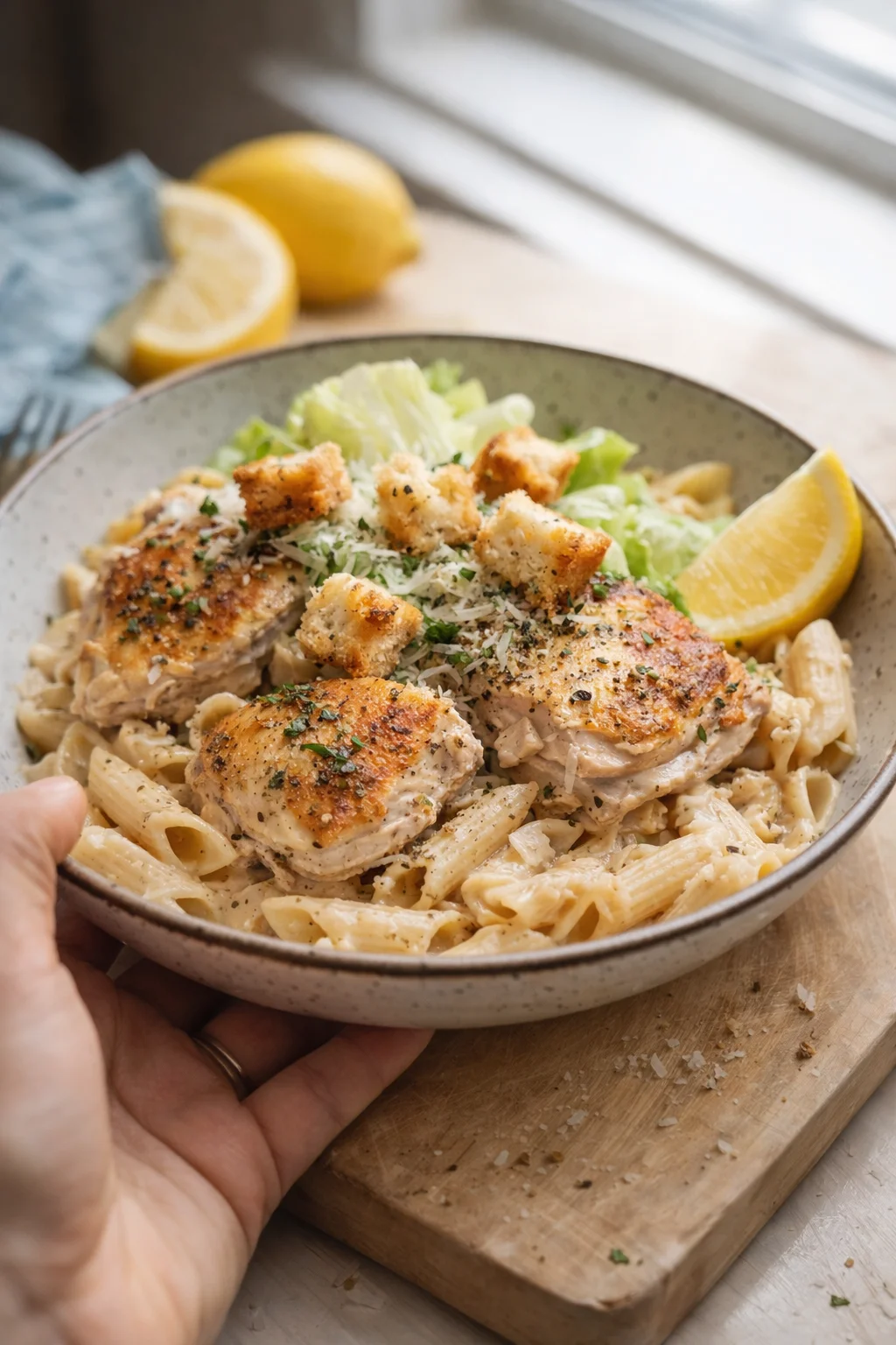 Creamy penne pasta with crispy chicken and lemon wedge in a speckled bowl
