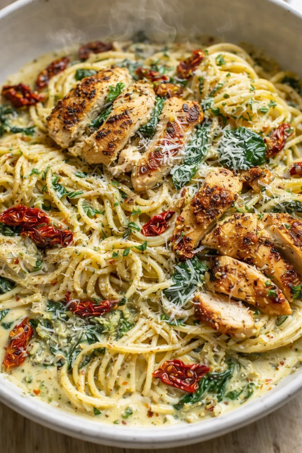 creamy pasta with seared chicken, sun-dried tomatoes, parsley, and grated cheese in a skillet.