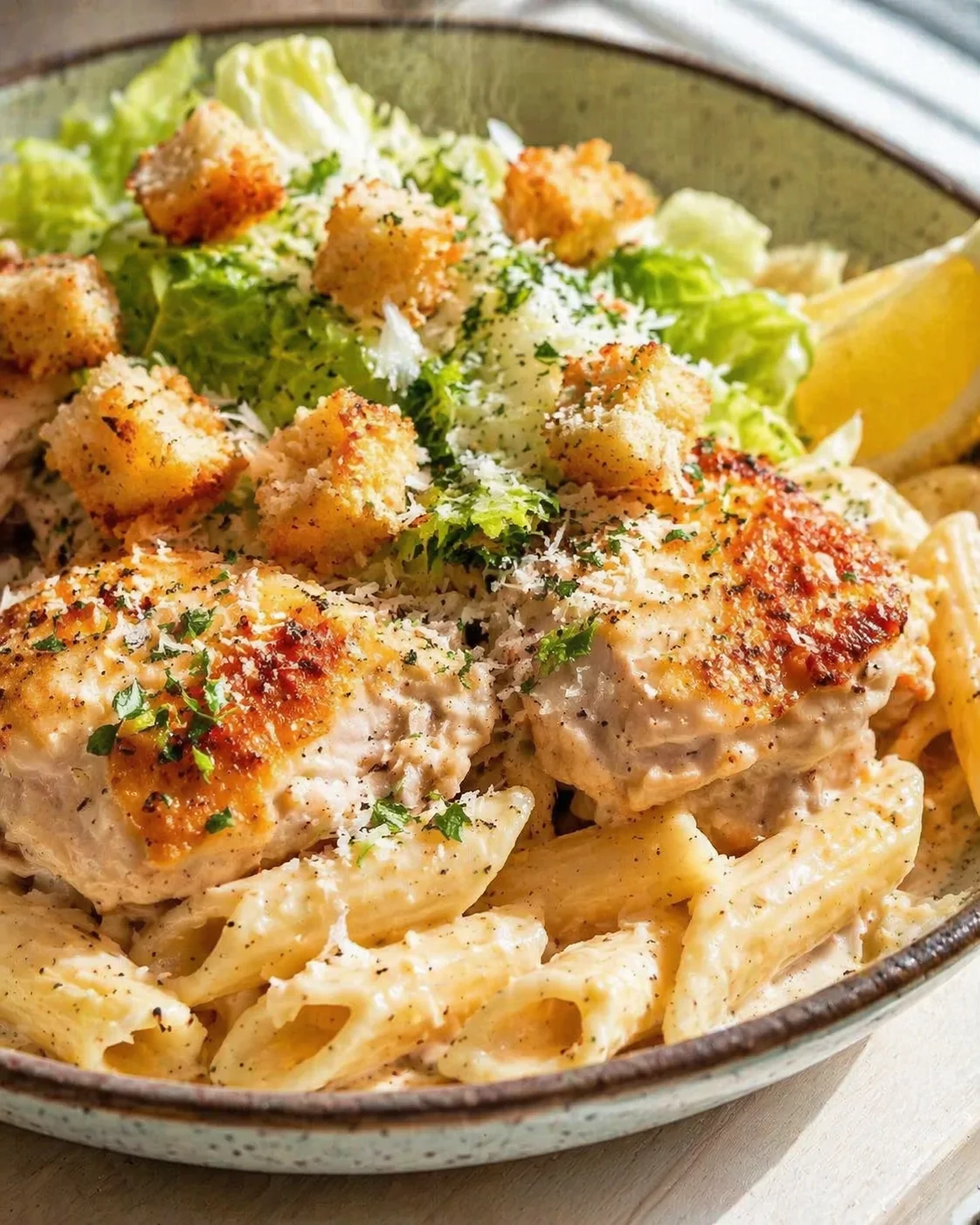 Creamy pasta with chicken, topped with crispy breadcrumb croutons and grated cheese, garnished with parsley.