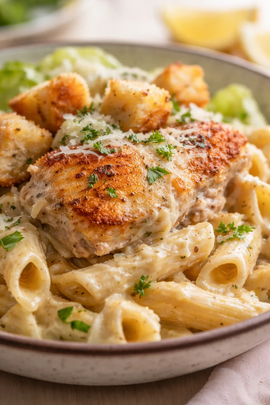 Creamy chicken pasta topped with crispy croutons and parsley
