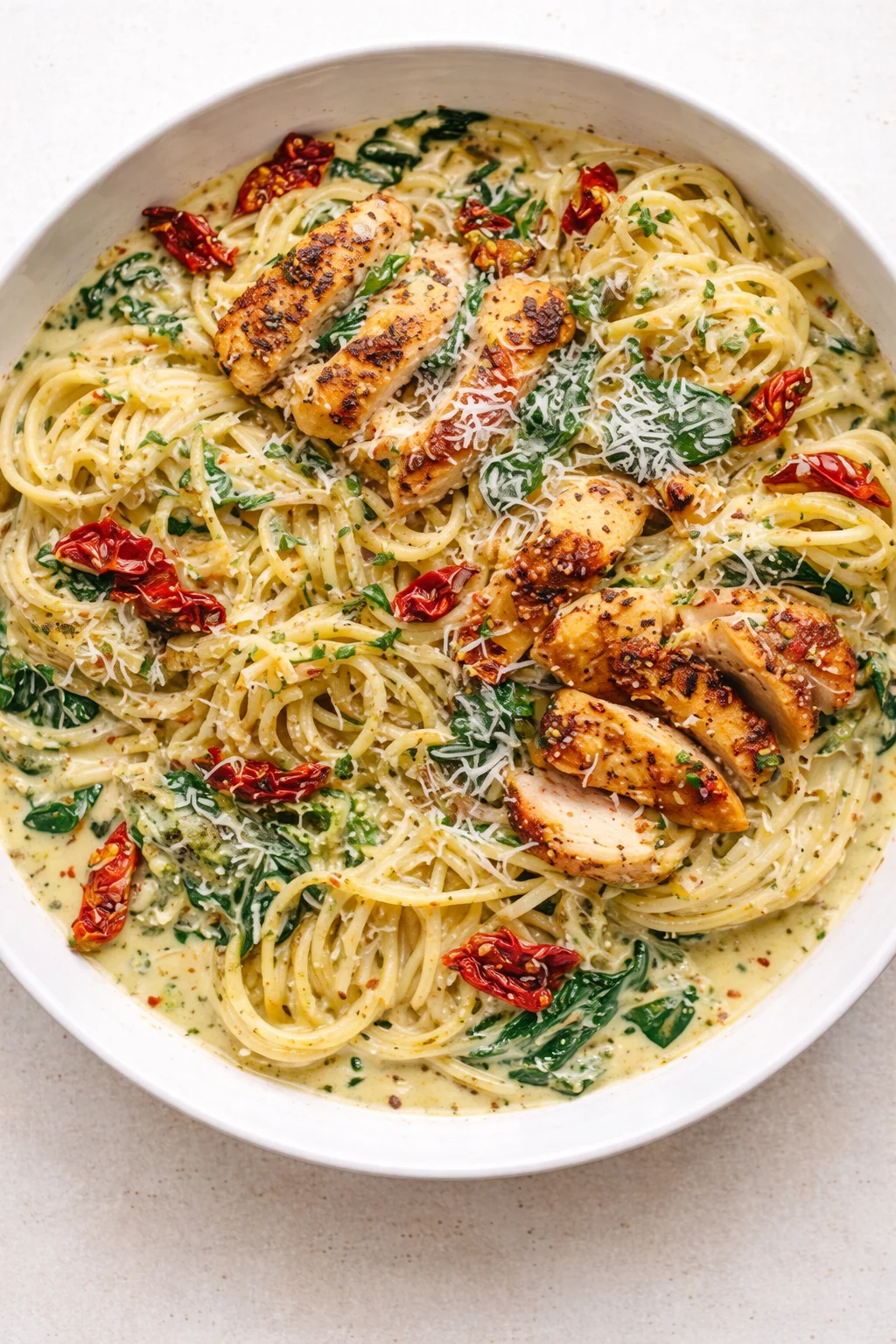Creamy spaghetti with grilled chicken, spinach, and parmesan in a white bowl