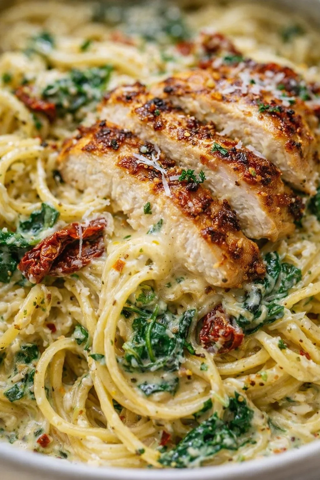 Creamy pasta with sliced breaded chicken, sun-dried tomatoes, spinach, and parsley.