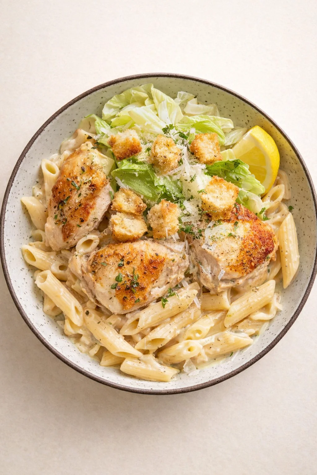 Creamy penne pasta with crispy breaded chicken, greens, parmesan, and lemon wedge.