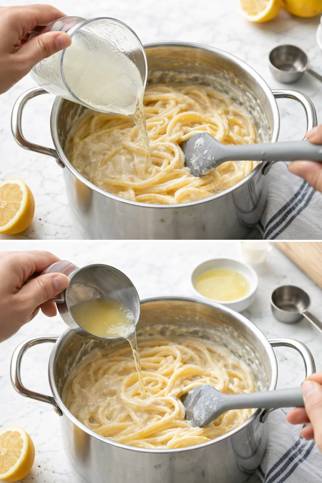 two-frame shot of a pot of creamy pasta being finished with liquid pour, lemon on counter.