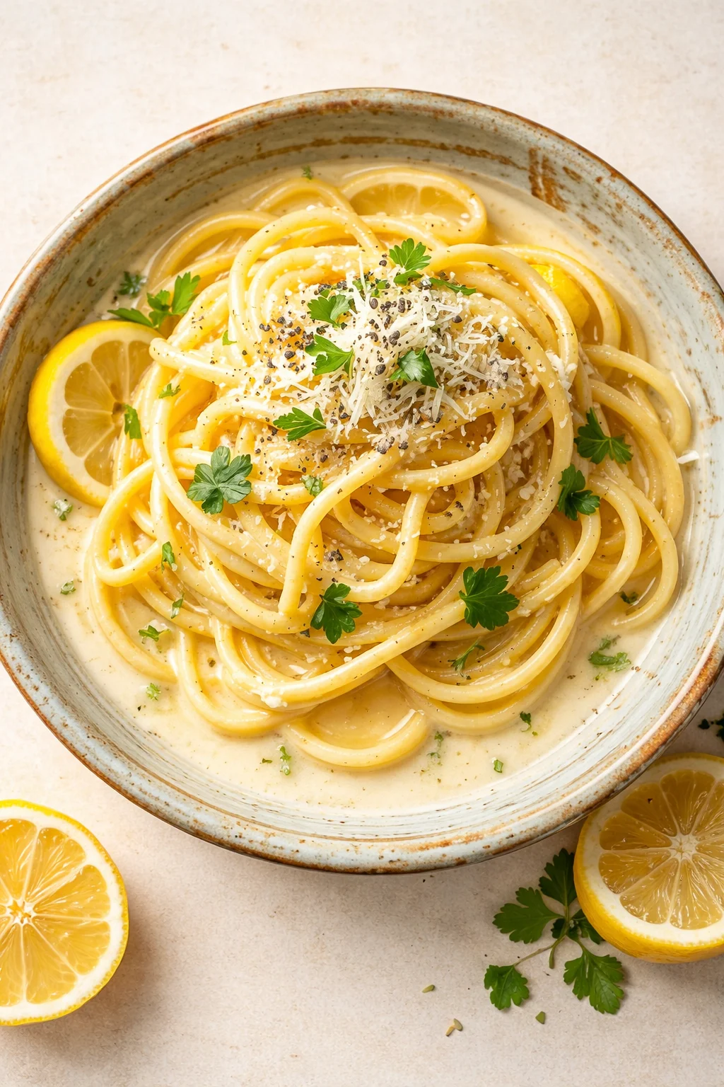 bowl of creamy lemon spaghetti topped with parsley and grated Parmesan.