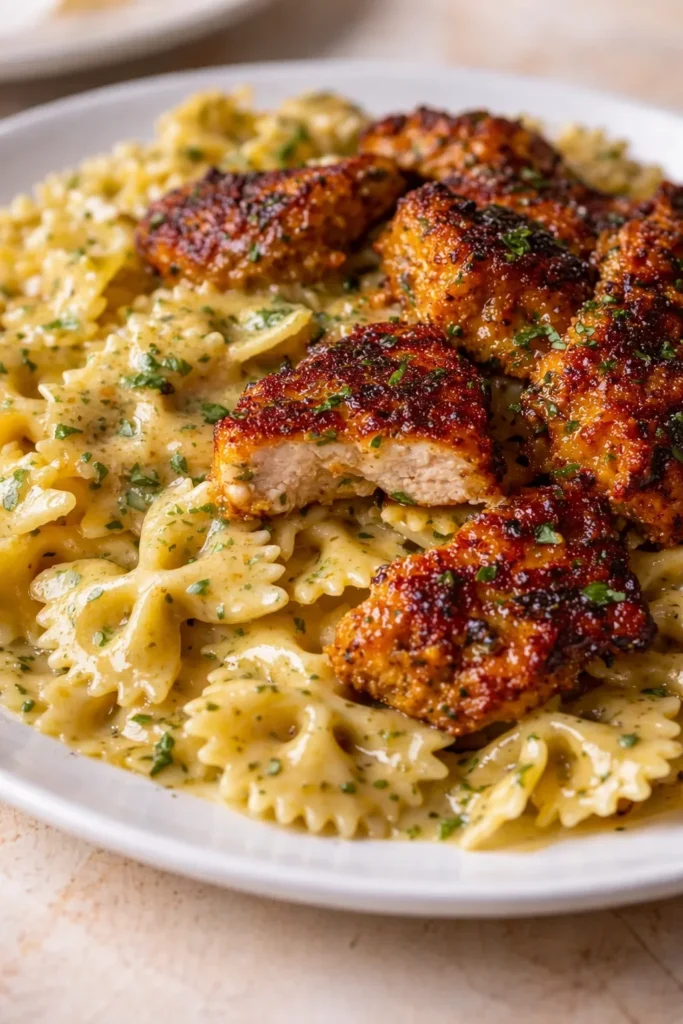 Creamy farfalle pasta with crispy spice-crusted chicken on a white plate.