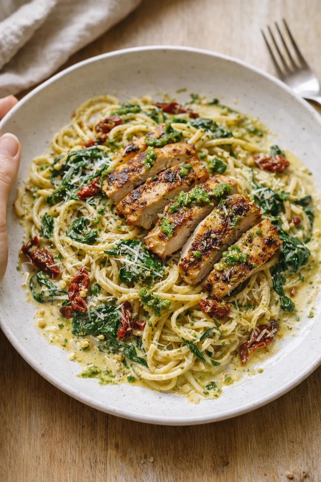Plate of creamy pasta with sliced grilled chicken, sun-dried tomatoes, and greens.