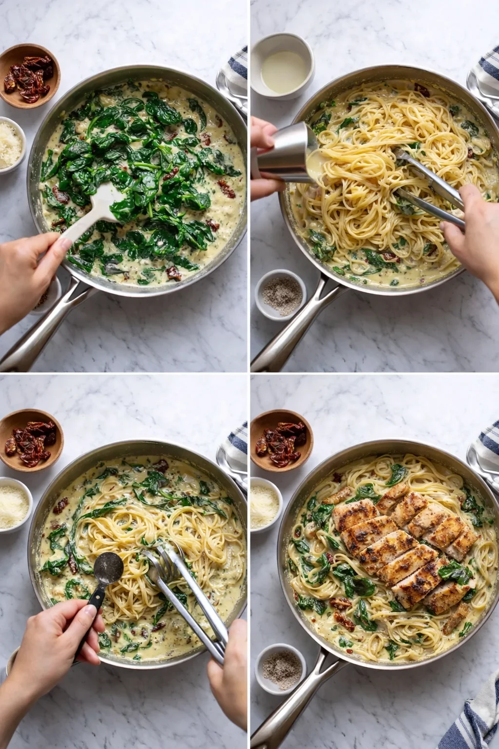 Four-panel collage showing creamy spinach pasta being prepared in a skillet on marble countertop, with greens, sun-dried tomatoes, pasta, and chicken.