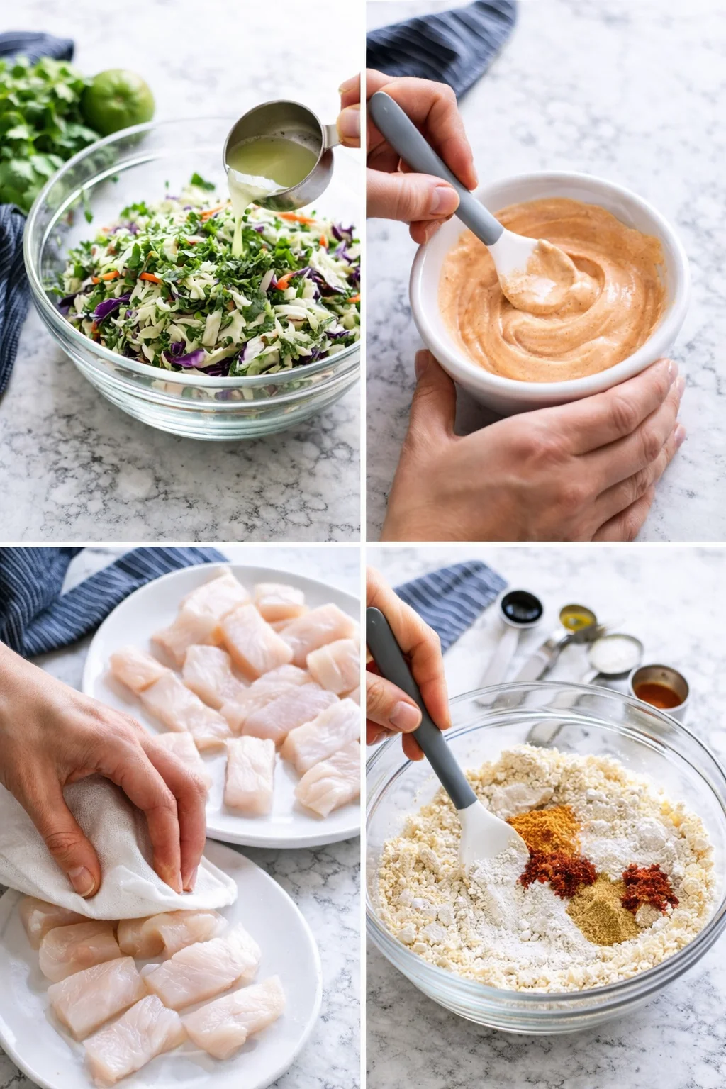 four-panel collage showing slaw with dressing, creamy sauce, raw chicken, and flour-spice dredge