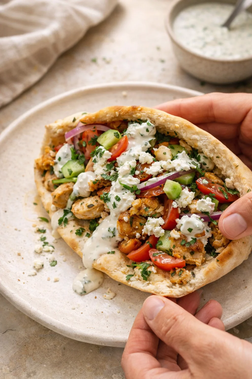 hands hold stuffed pita with crispy chicken, tomato, cucumber, red onion, feta, and tzatziki.