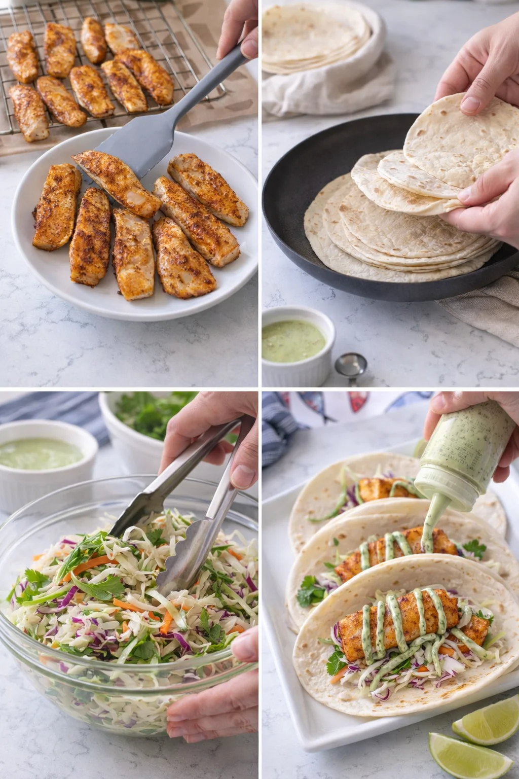 Four-panel collage showing crispy chicken, tortillas, slaw, and tacos with green sauce.