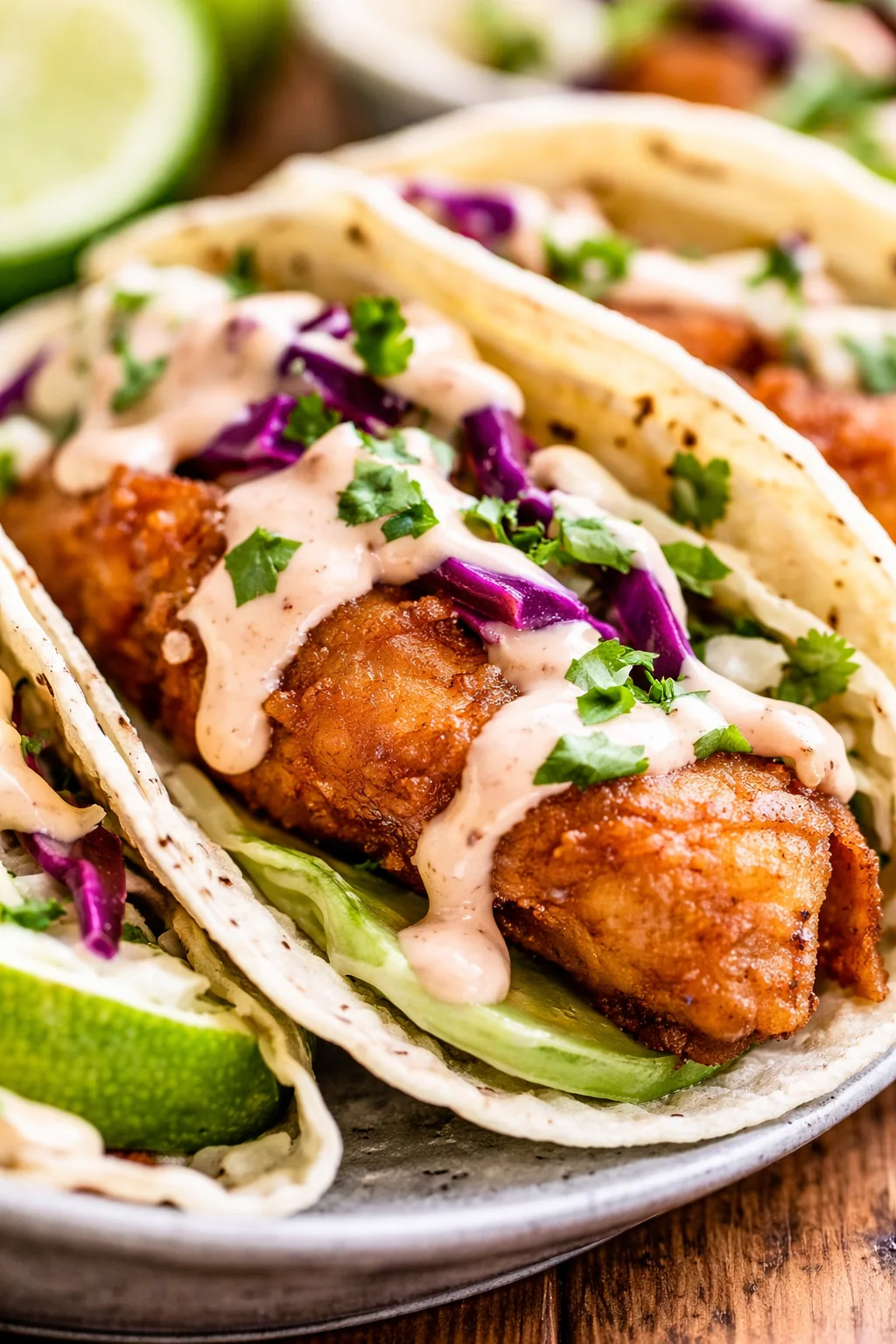 Close-up of crispy fried chicken tacos topped with purple cabbage slaw, creamy sauce, cilantro, and lime.