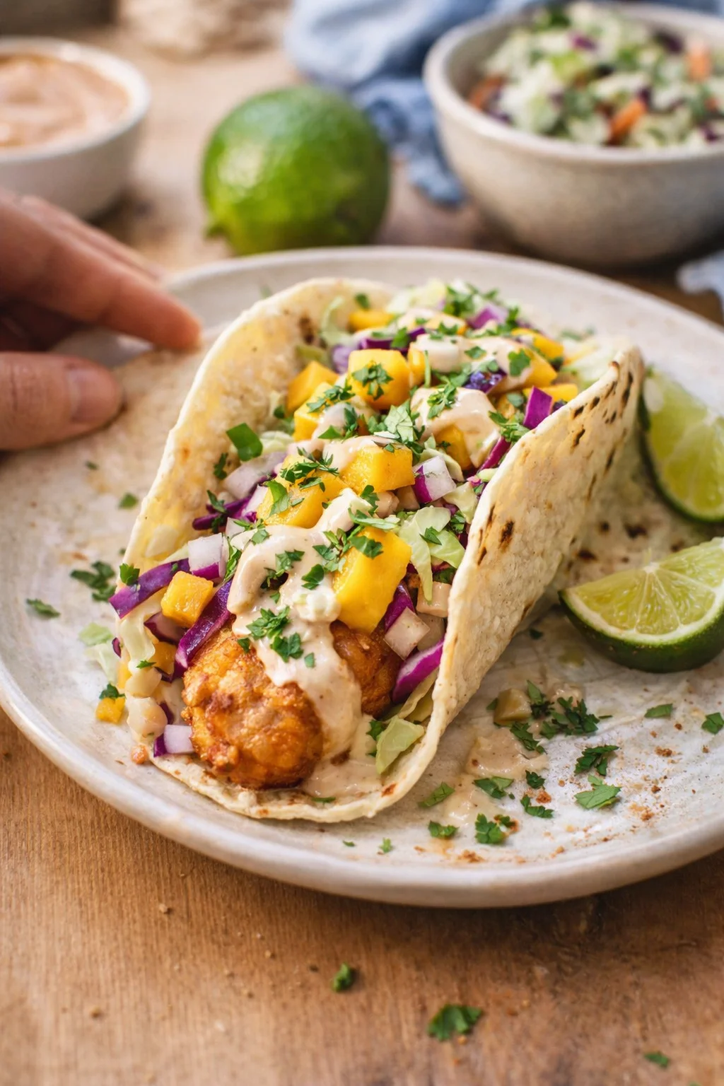 two tortillas around crispy fish with mango salsa and lime wedges on a plate