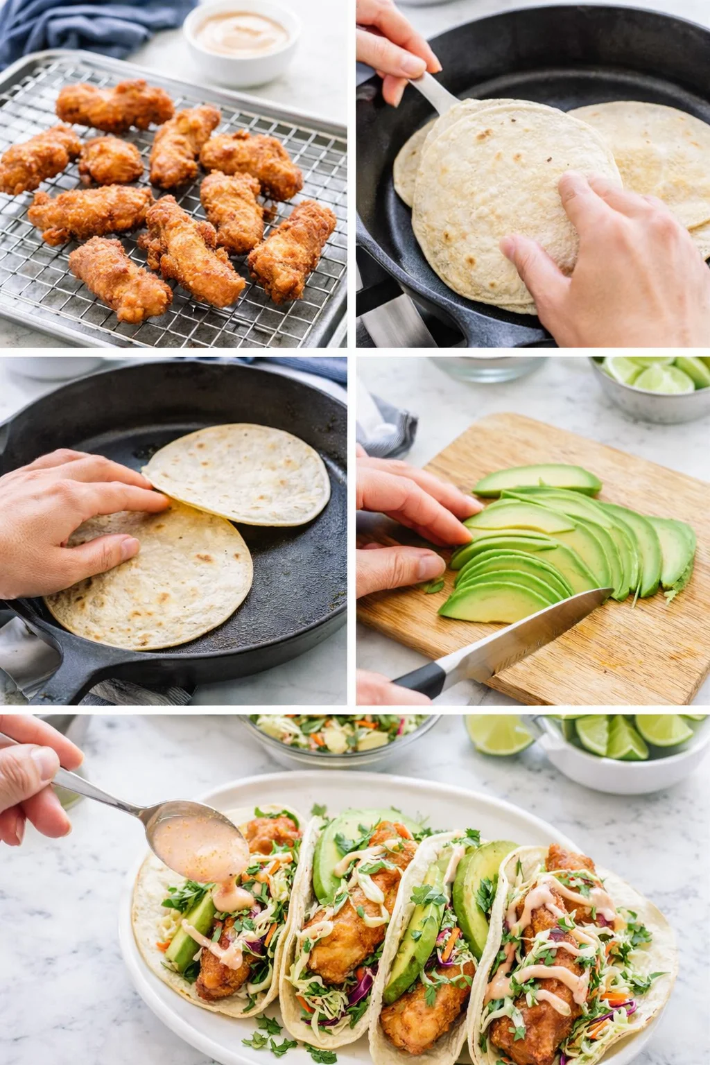 Collage showing fried bites on a rack, warmed tortillas, sliced avocado, and finished fish tacos.