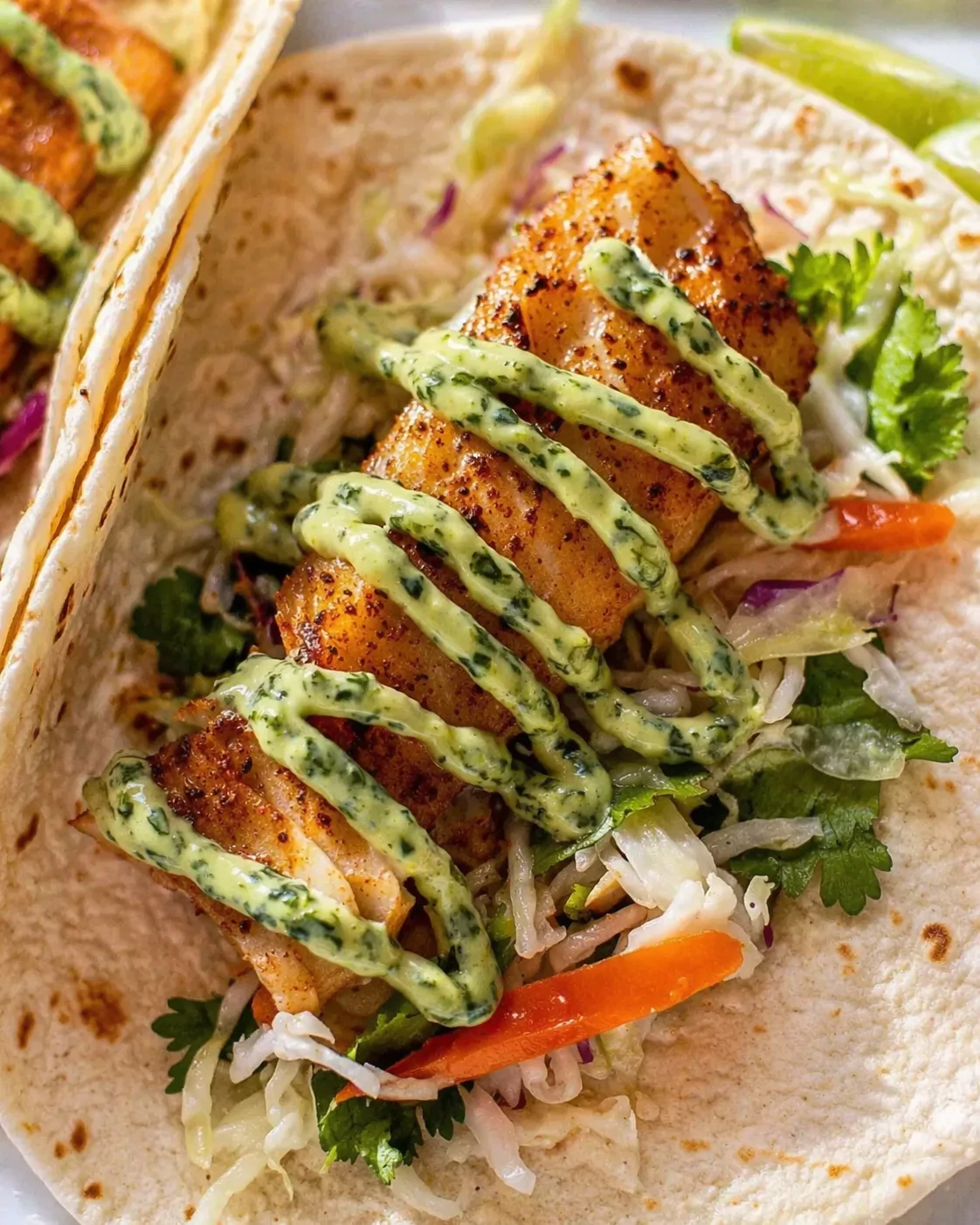 Crispy fried fish in a soft tortilla with green herb crema, shredded cabbage slaw, and cilantro