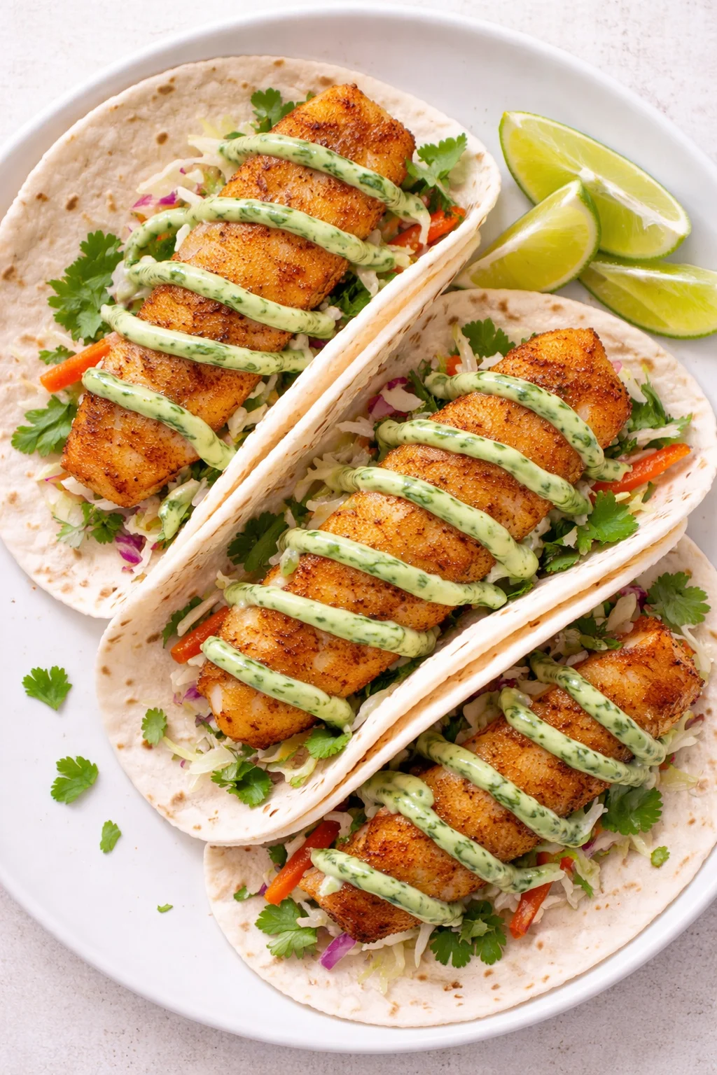 Two crispy fish tacos on tortillas, topped with green herb sauce and cilantro, with lime wedges.