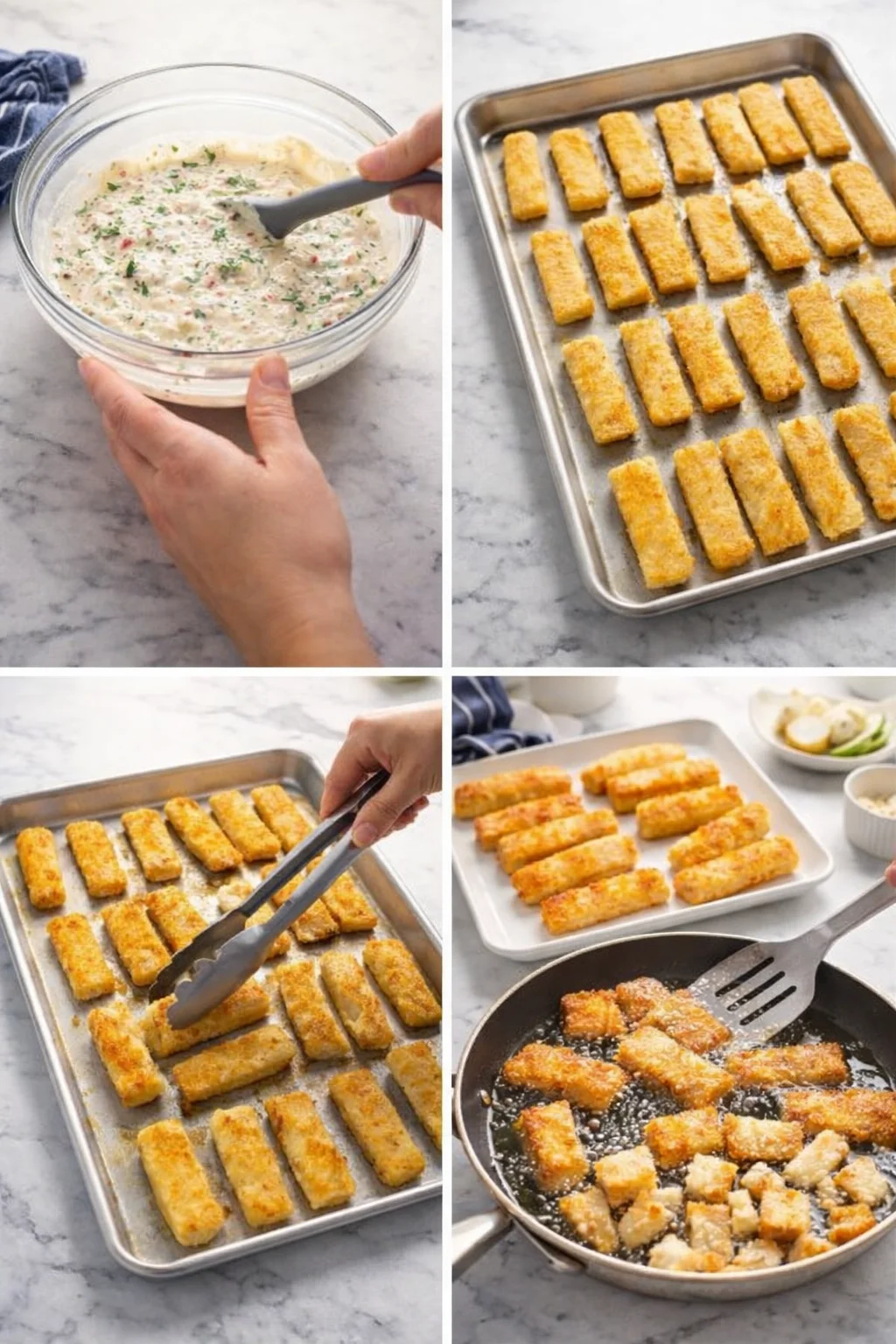 collage showing batter, breaded mozzarella sticks on a baking tray, and frying
