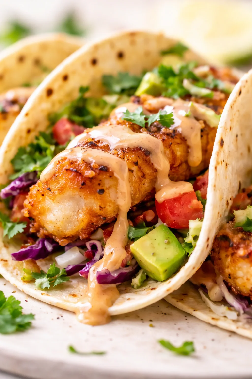 Crispy battered shrimp tacos with avocado, slaw, and crema on a plate.