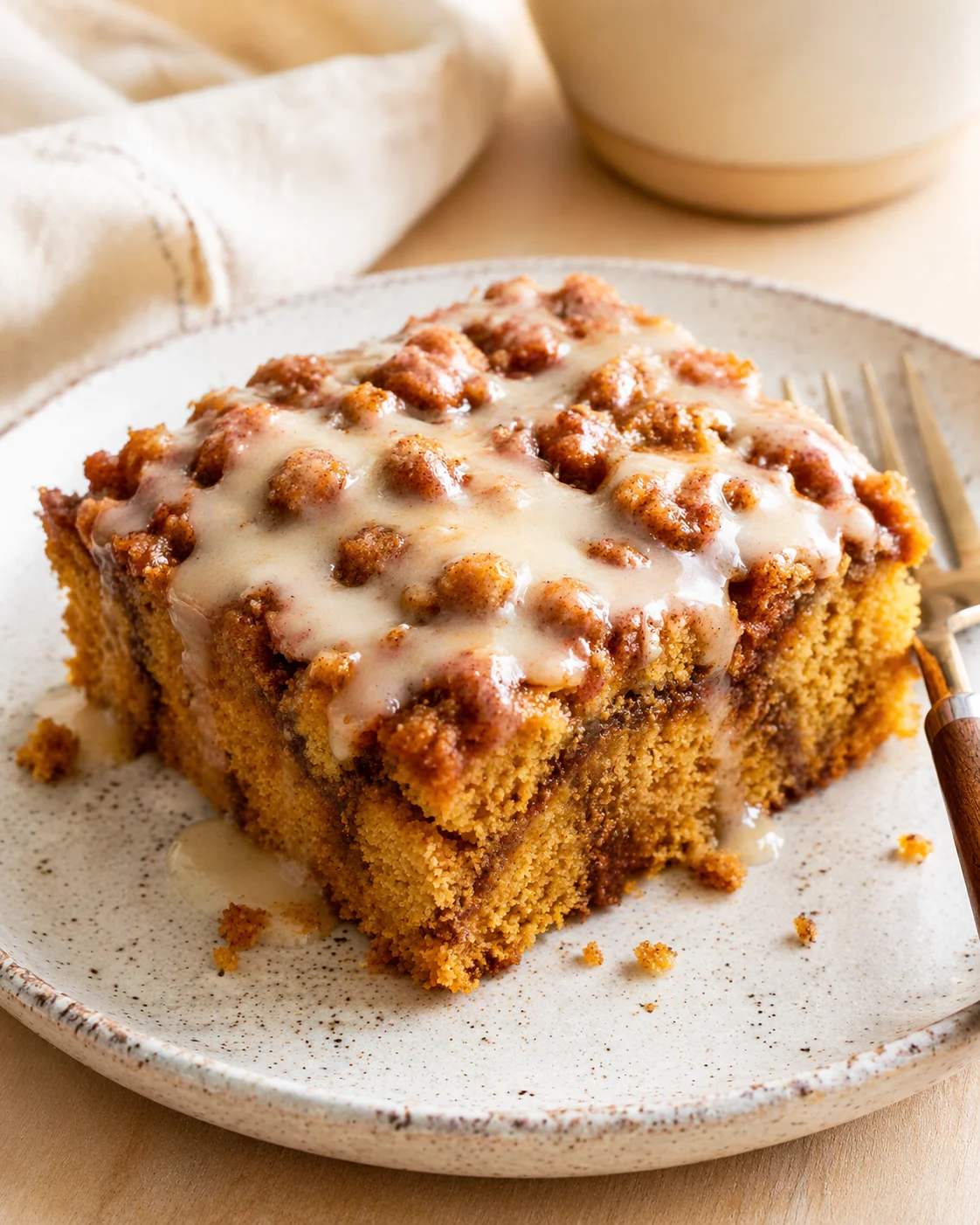 A square slice of crumb-topped coffee cake with vanilla glaze on a speckled plate.