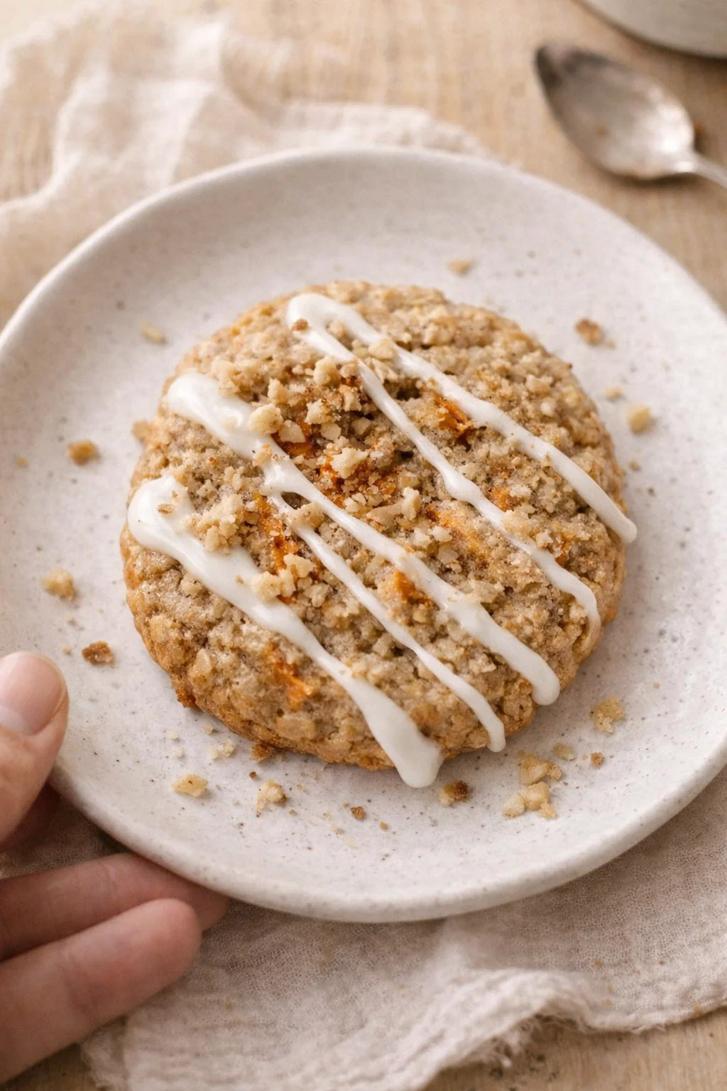 Round crumb-topped cookie with white icing on a speckled ceramic plate.