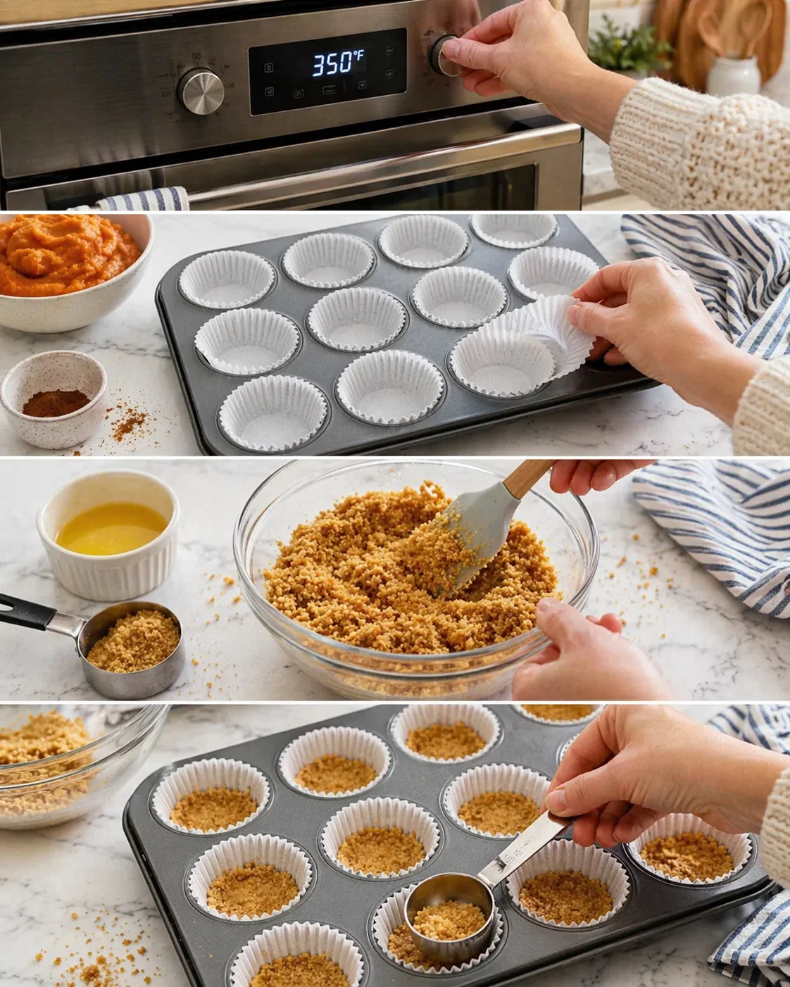 collage of muffin-prep steps: preheating oven, lining cups, mixing crumb topping, filling cups