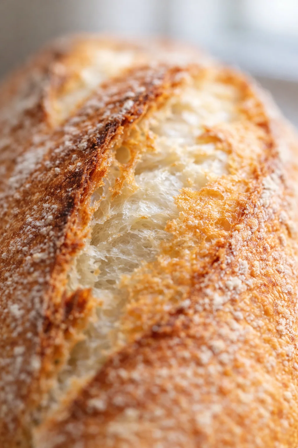 Close-up of a crusty loaf with a split crust and airy crumb.