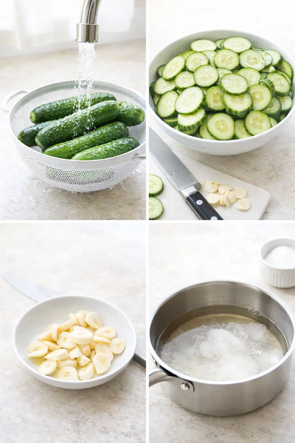 collage of cucumber washing, slicing, garlic prep, and sugar-water brine for pickling.