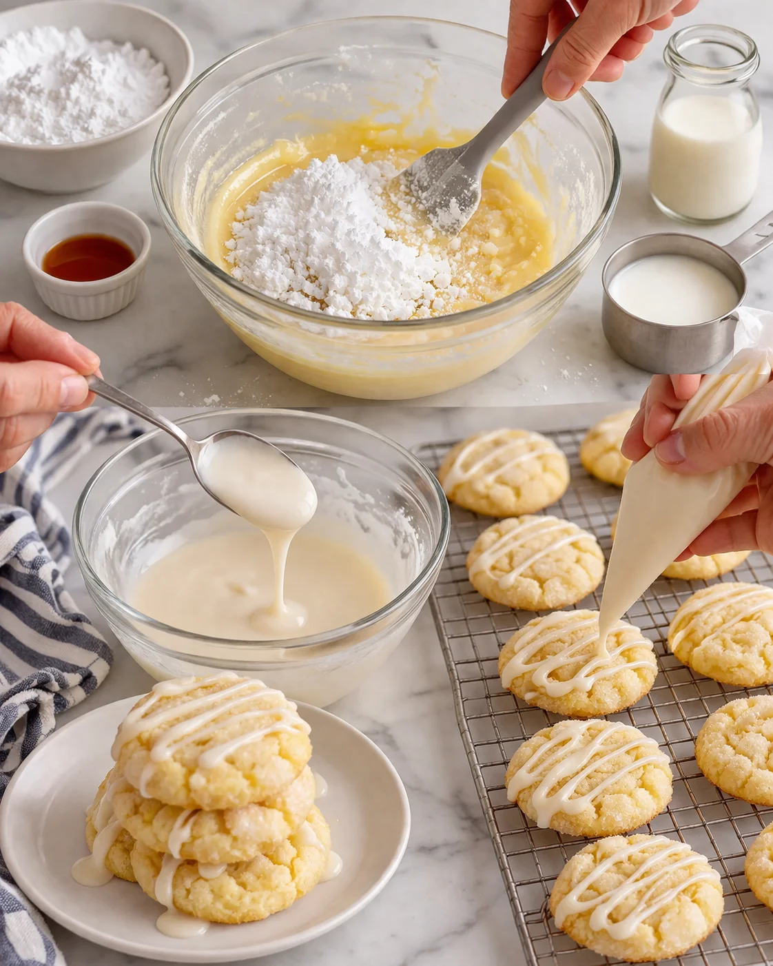 Thick pale glaze in bowl being spooned over cooled cookies, adding glossy decorative lines