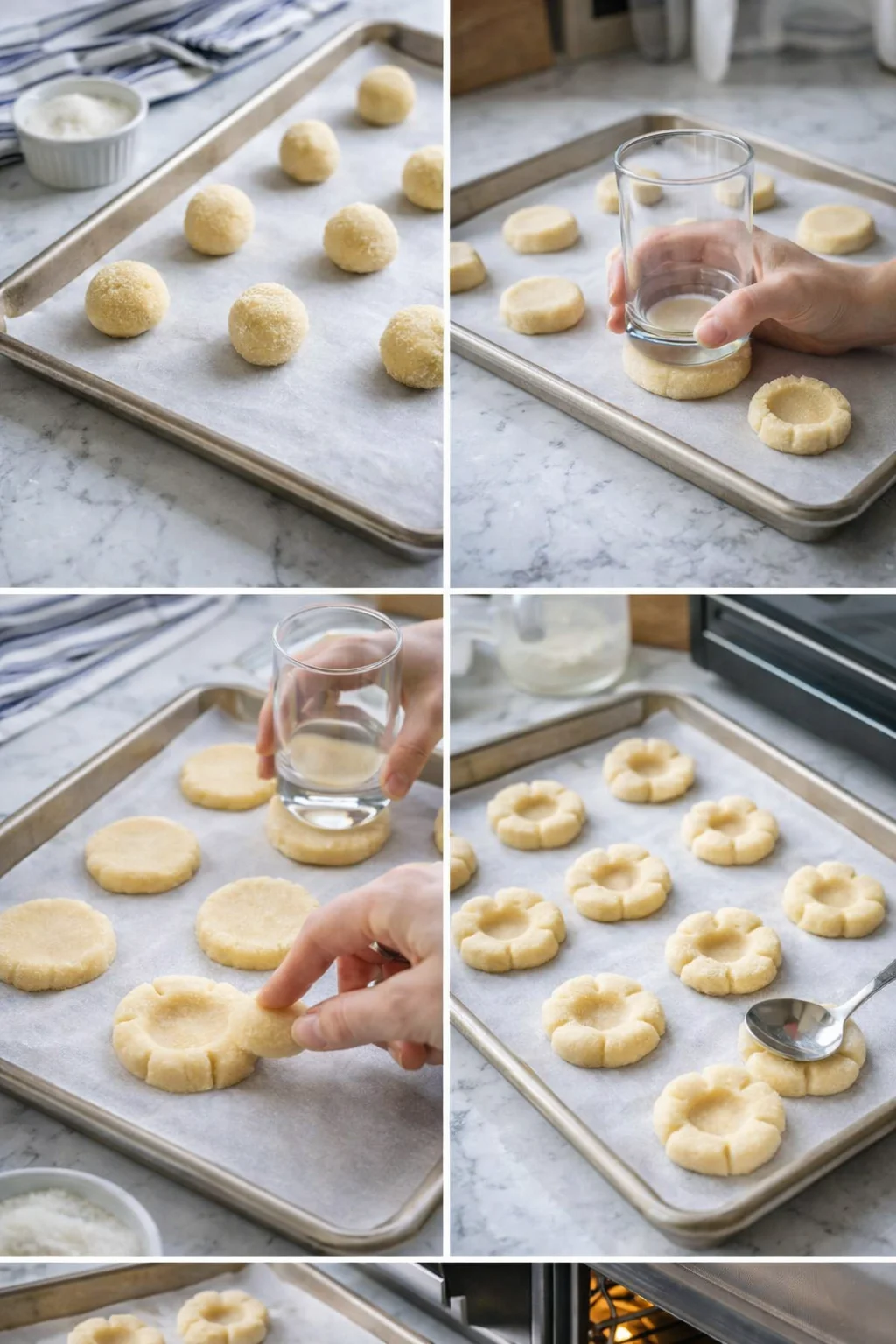 Collage of cookie dough rounds on parchment-lined sheet being shaped with a glass and fingers.