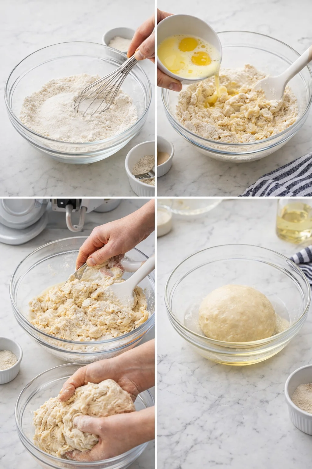 Four-panel collage showing dough-making steps: whisking flour, adding eggs, kneading dough, and resting.
