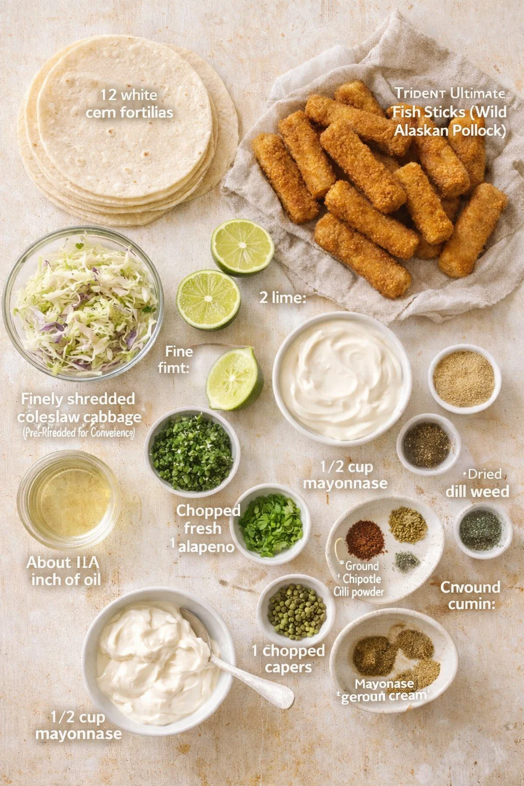 Overhead view of wrap ingredients: tortillas, fish sticks, shredded cabbage, limes, sauces, and spices.