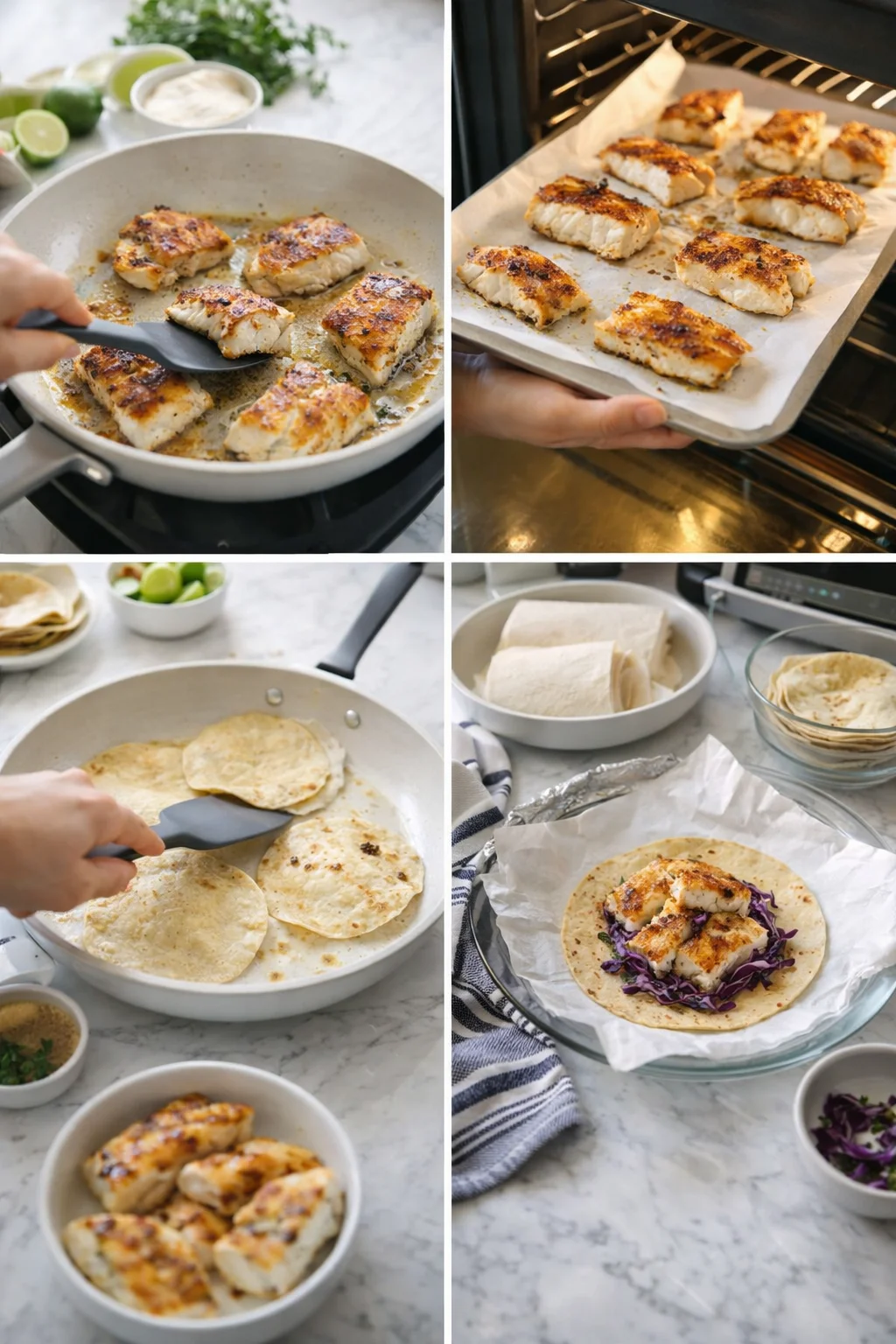 collage showing seared white fish bites, a parchment-lined tray, warm tortillas, and a finished fish taco with purple cabbage slaw.