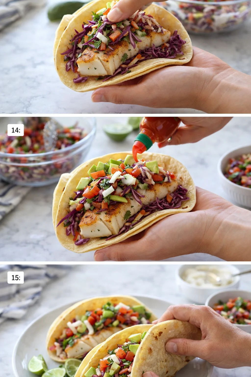 Two hands assemble fish tacos with purple cabbage slaw, avocado, and toppings on tortillas.