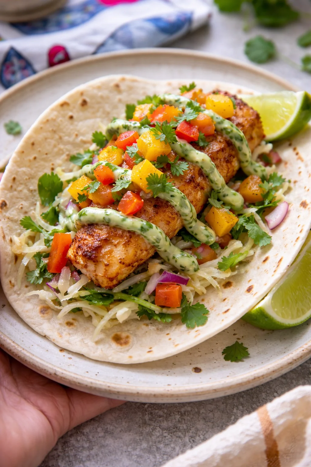 Crispy fish fillet on a tortilla topped with mango salsa, cilantro, and green crema.